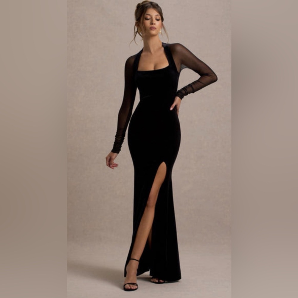 Black Velvet Long-Sleeve Sheath Gown with Sheer Sleeves and Thigh Slit